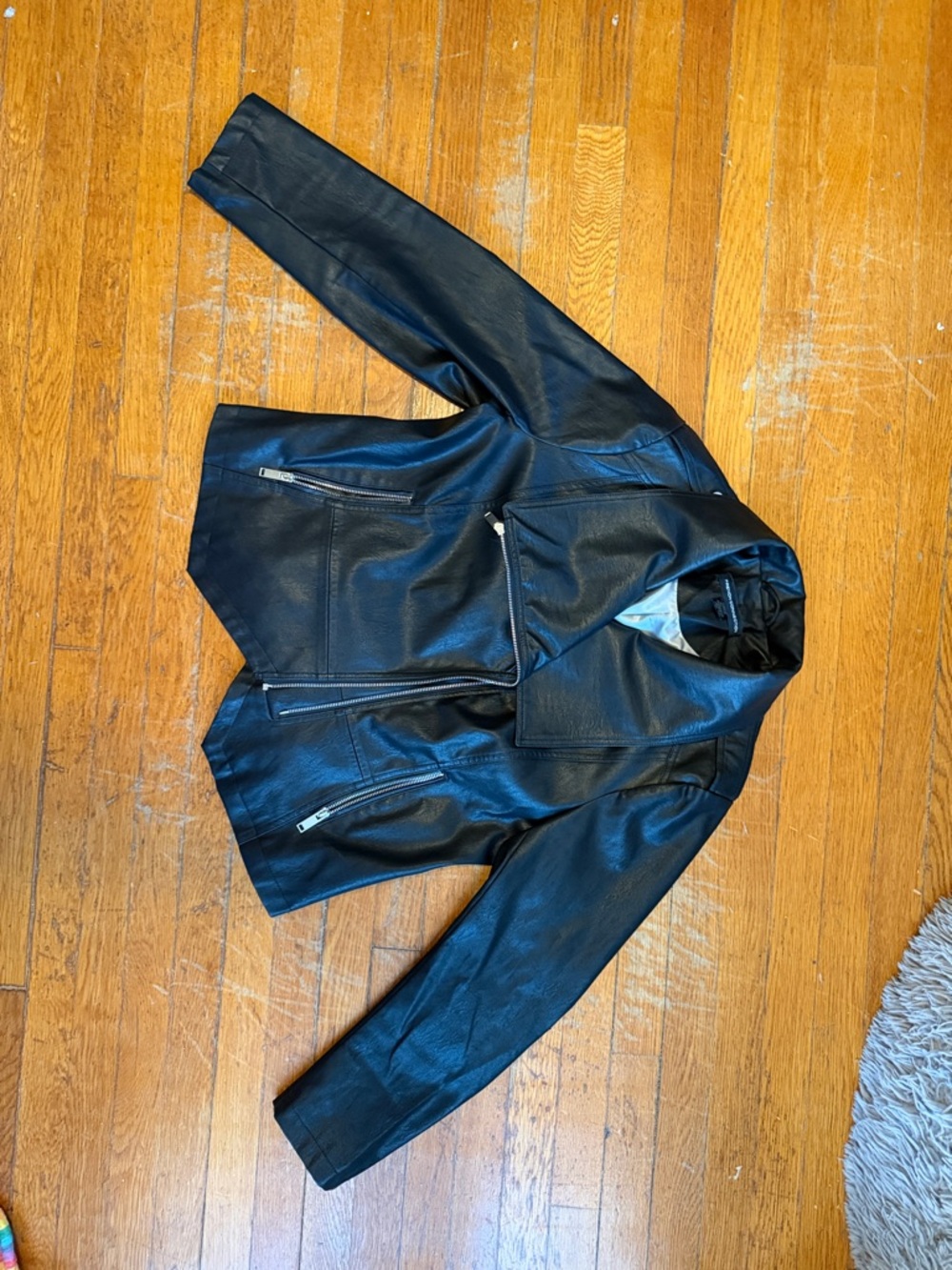 French Connection Black Faux Leather Asymmetrical Zip Moto Jacket